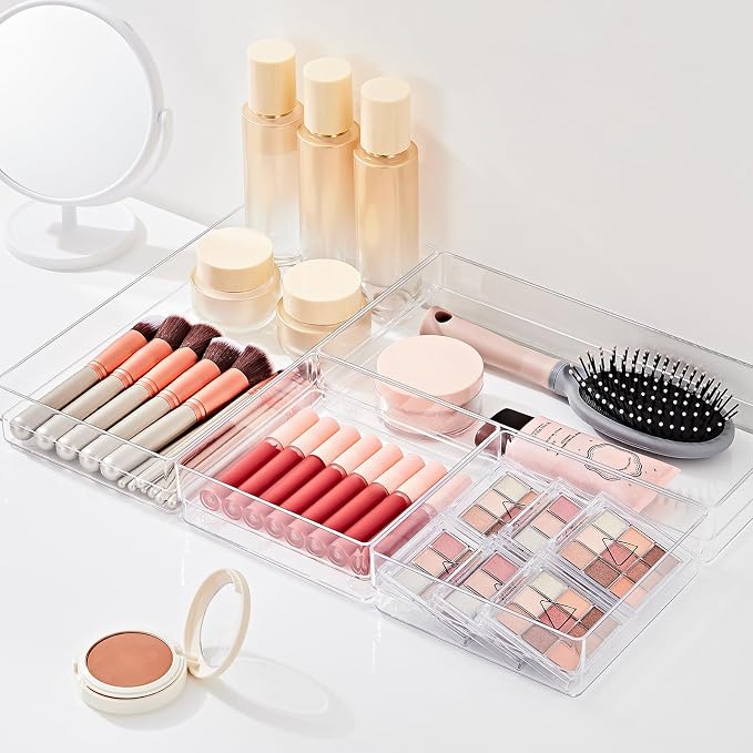 SMARTAKE 6 PCS Clear Plastic Kitchen Large Size Drawer Organizers Set | Non-Slip Desk Drawer Organizer, 2-Size Bathroom Vanity Drawer Organizer Trays for Makeup, Bedroom, Office, Kitchen Utensils