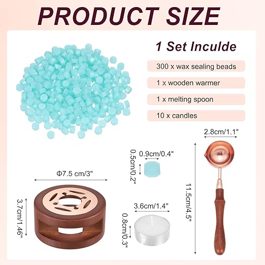 PATIKIL Wax Seal Kit, 300 Pcs Wax Sealing Beads, Wooden Warmer, Melted Spoon, 10 Pcs Tealight Candles for Envelope Letter Mailing Crafts DIY, Clear Blue