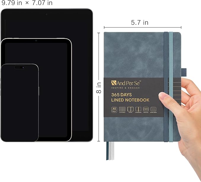&And Per Se 365 Page Journal – A5 Hardcover Lined Notebook, One Book for the Whole Year, 100gsm Thick Paper, Numbered Pages & 3 Bookmarks, Annual Diary for Daily Writing (Blue)