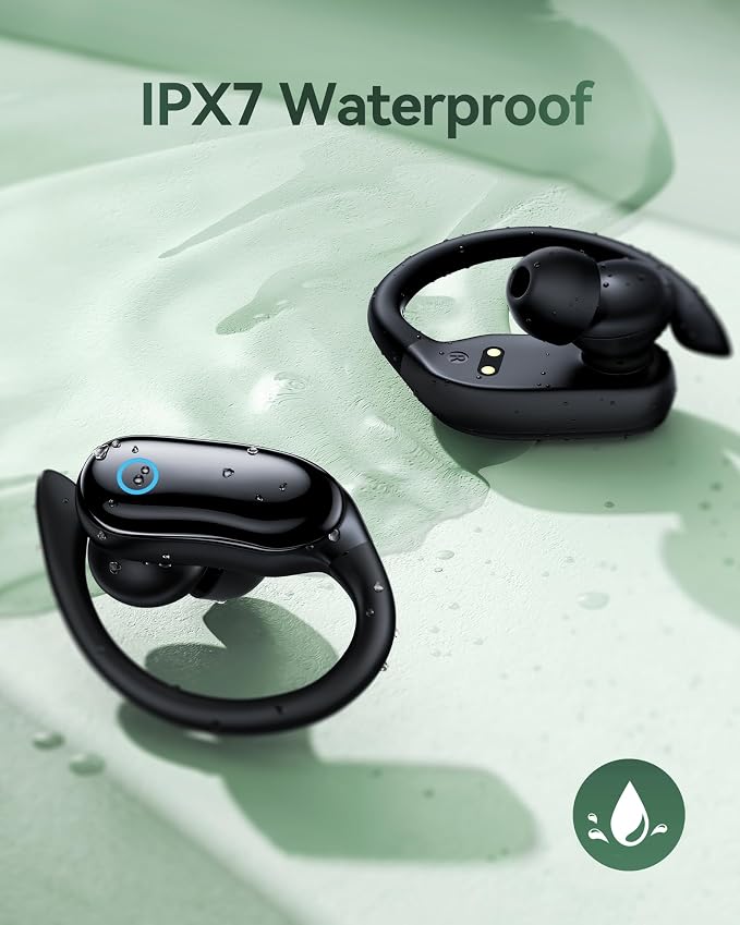 GNMN Active Noise Cancelling Ear Buds Wireless Earbuds 96hrs Playback Bluetooth Headphones Dual Battery Display Stereo Bass Earphones with Earhooks Microphone IPX7 Waterproof for Sports/Runing/Workout