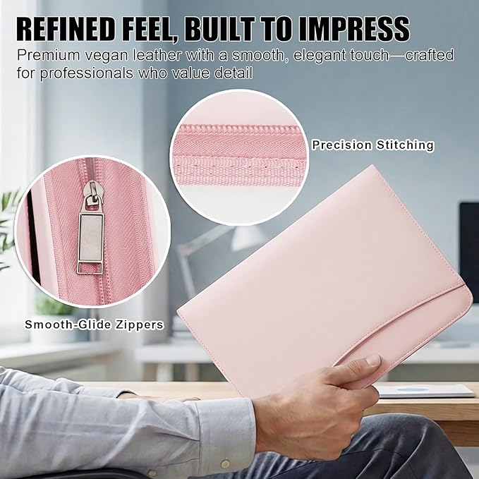 OOWOLF Padfolio Portfolio Folder, PU Leather Professional with 1 inch 3 Ring Binder 8.5 x 11 Letter Size Writing Pad Interview Resume Document Organizer Business Card Holder Zippered Closure Pink