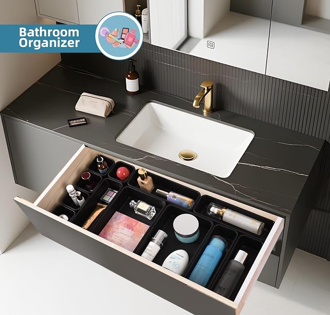 Kutesna 25 PCS Drawer Organizers Set, 4 Size Plastic Storage Bins（Black ） | 4 Size Interlocking Plastic Storage Bins for Office Supplies, Jewelry Makeup Vanity, Bathroom Kitchen, Gadgets Small Items