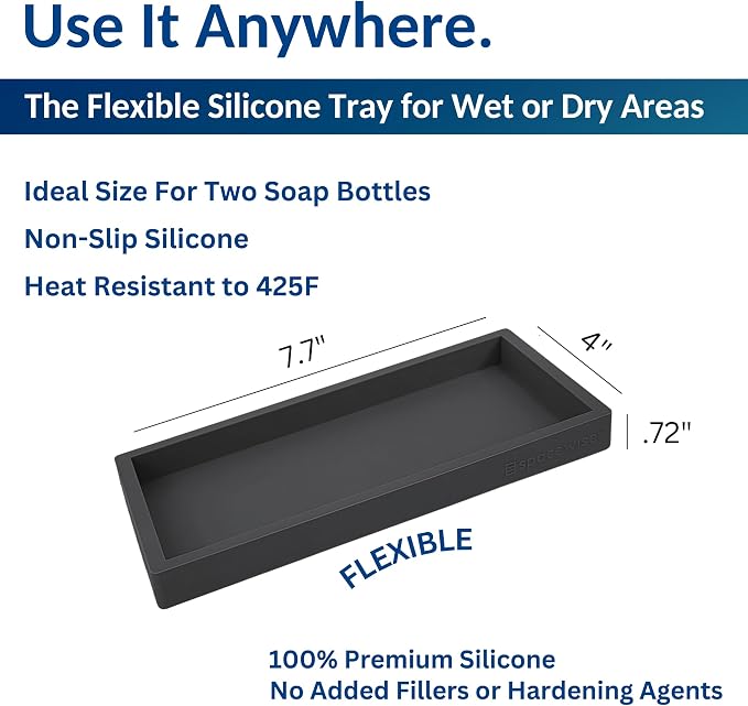 Countertop & Vanity Silicone Tray – 2 PC Small 7.7" Soap Tray | Kitchen Soap Tray Set, Dish Soap Tray for Kitchen Counter, Kitchen Sink Tray, Silicone Soap Dispenser Tray & Sponge Holder