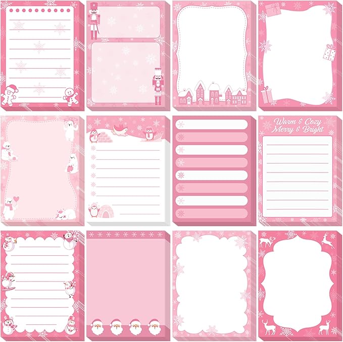 12 Pcs Christmas Sticky Notes Pink Christmas Notepad Santa Snowflake Snowman Self Adhesive Memo Pads Xmas Gift Cute Decorative Notepad Winter Party Favor for Office Winter Holiday Gift