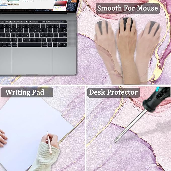 Large Mouse Pad, Desk Mat for Desktop, Dual Side PU Leather Waterproof Gaming Mousepad Desk Pad, Desk Protector Writing Pads Desk Accessories for Office and Home (A-Pink Marble, 24''X14'')