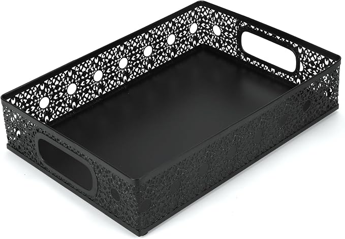 Desk Drawer Organizer, A4 Large Metal Mesh Desk Rrganizer Tray, Versatile Storage Box Set for Office Home Supplies,Carved Hollow Floral Desk Tray, 13 x 9 inches (1, Round Holes)