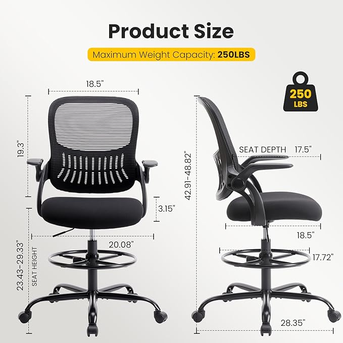 Sweetcrispy Tall Drafting Desk Chair - Ergonomic High Stool Computer with Adjustable Height and Comfy Lumbar Support, Office Rolling Counter with Flip-up Arm and Footrest, Black