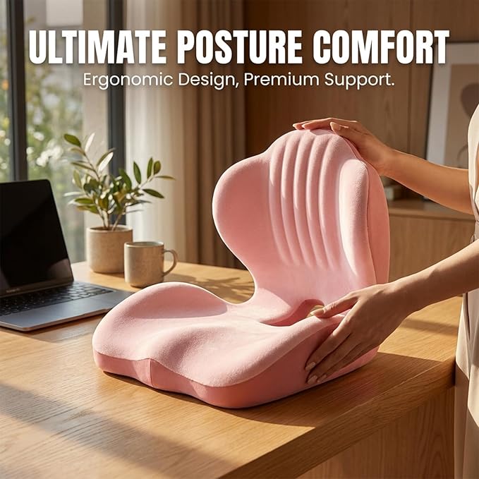 SakerPlus Ergonomic Memory Foam Seat Cushion and Back Support Pillow, One Piece Chair Cushion with Lumbar Support, L Shaped Office Chair Cushion for Desk Chair, Car Seat, Computer Wheelchair (Black)