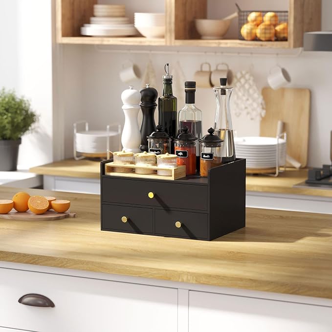 Bamboo Desk Organizer with Drawers,Wooden Desktop Storage (3 Drawers,Black) | 100% Bamboo 3 Pull-Out Drawers No Assembly Required Space-Saving Design