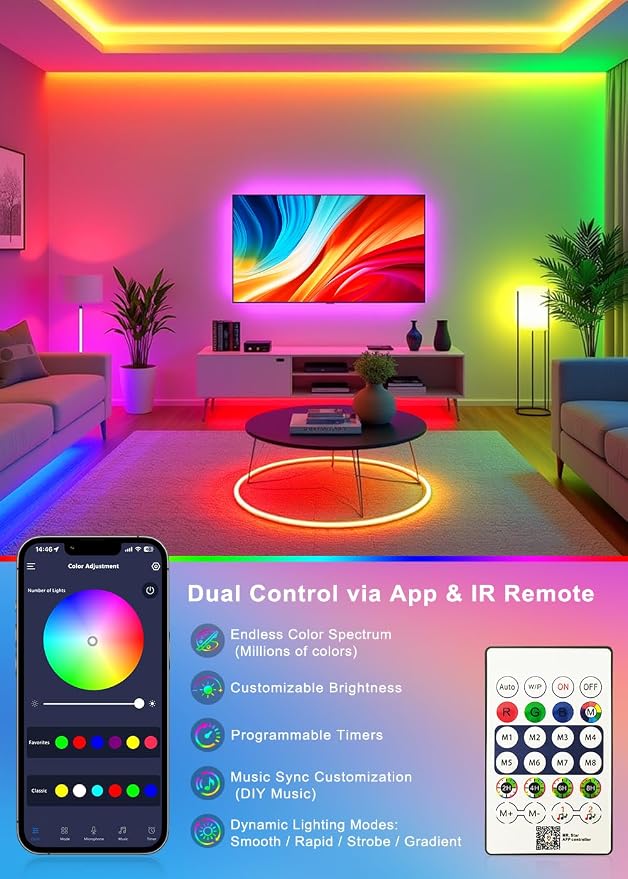 9.8FT Neon Rope Lights,Flexible RGB+IC LED Strip Lights,Remote Control,Multiple Modes,for Living Room,Bedroom,Holiday Decoration