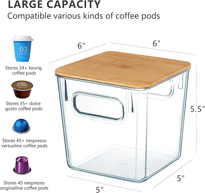 K Cup Holder Coffee Pod Organizer Large Capacity Clear Storage Container Bins with Bamboo Lids for Coffee Bar Organization and Storage (3 PACK)