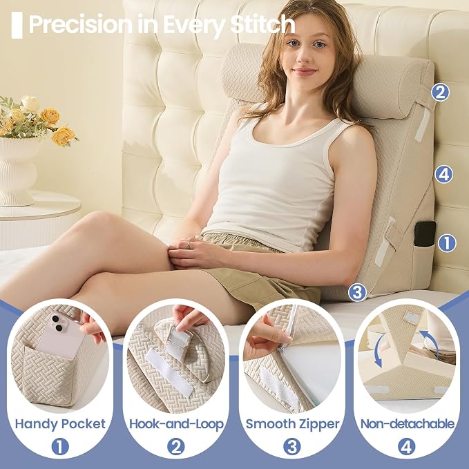 Sasttie Adjustable Wedge Pillow Set for After Surgery, Beige | Bed Wedge Pillow Headboard with Memory Foam Neck Cushion, for Acid Reflux, Sleeping, Neck & Back Support