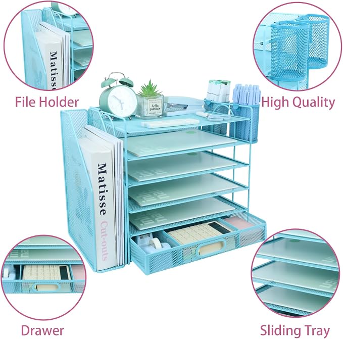 Desk Organizers and Accessories with File Holder, 6-Tier Paper Letter Tray Organiser with Drawer and 2 Pen Holder, Mesh Desktop Document Organizer for Office Supplies, Workspace - Blue