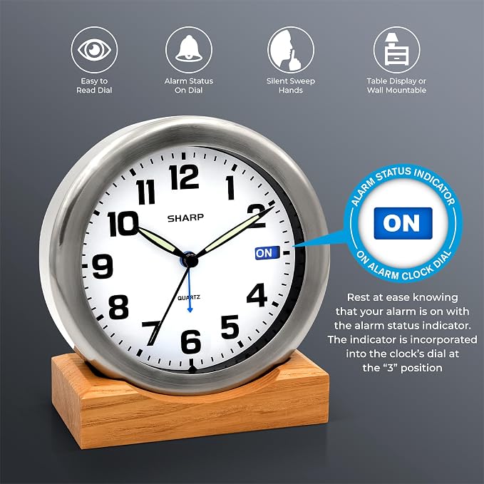 Sharp Silent Sweep Non-Ticking Analog Alarm Desk Metal Clock, Wood Stand | Wall mount, luminous hands, on/off indicator, AA powered, bedroom, office, study, quiet workspace, shelf, nightstand, table