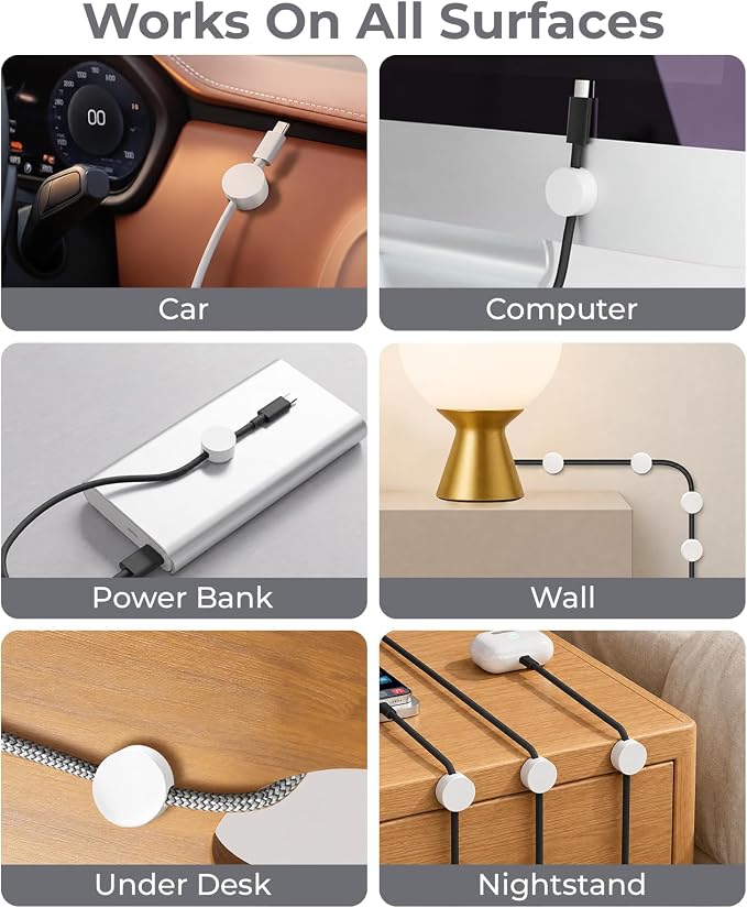 Magnetic Cable Holder, 8 Cable Clips for Desk Cord Management, White | Organize USB Wires, Laptop Chargers, Dashcam, Car Phone Lines, Home, Nightstand, Workspace & Travel RV Wire Organizers