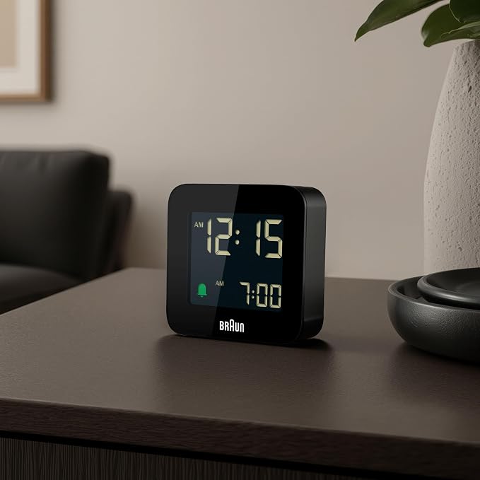 Braun Digital Travel Alarm Clock with Snooze, Compact Size, Negative LCD Display, Quick Set, Crescendo Beep Alarm in Black, Model BC08B (1-Pack)