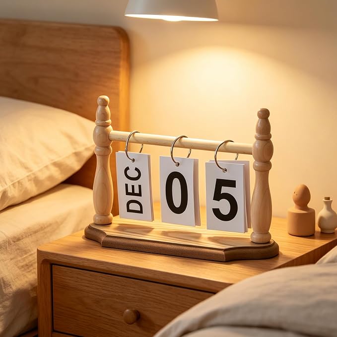 Wooden Perpetual Desk Calendar - Vintage Rustic Flip Calendar with Metal Rings & Reusable Daily Date Cards(Wooden)