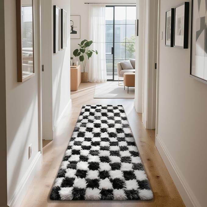 Checkered Rug for Bedroom, 3x7 Black and White Area Rugs, Classic Checkered Carpets Shag Area Rug, Bedside Rugs for Living Room Bedroom Room Home Decor