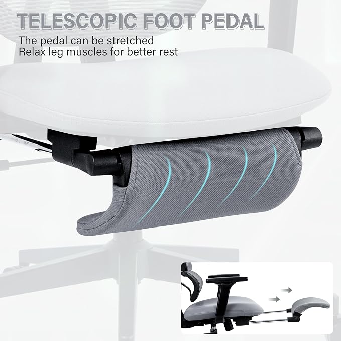 Ergonomic Office Chair with Retractable Footrest, Dark Grey | High Back Design, Dynamic Lumbar Support, 2D Headrest & 4D Armrests, Breathable Mesh Back for Home Office