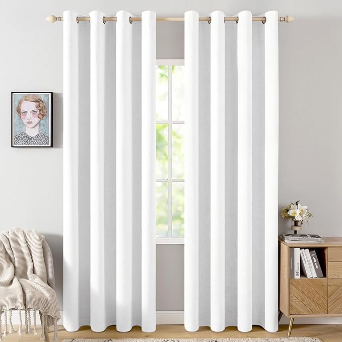 MIULEE 100% Blackout Linen Textured Curtains for Bedroom Solid Thermal Insulated Bright White Grommet Room Darkening Curtains & Drapes Luxury Decor for Living Room 52 x 84 Inch (2 Panels)