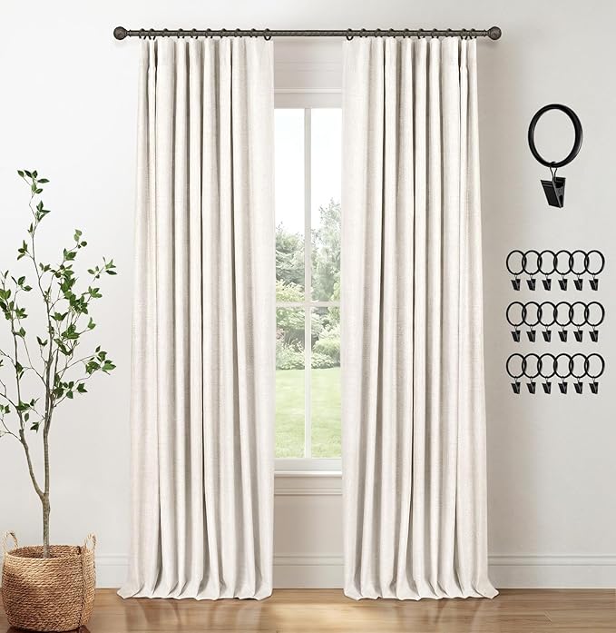 INOVADAY 100% Blackout Curtains for Bedroom, Black Out Curtains 90 Inch Long, Clip Rings Linen Blackout Drapes, Thermal Insulated Room Darkening for Living Room, 2 Panels - Beige,W50xL90