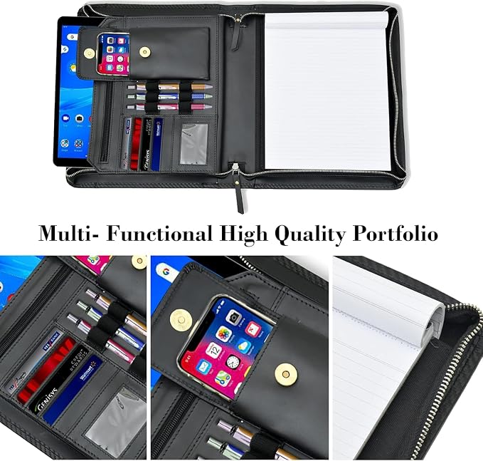 Genuine Leather Portfolio Organizer with Zipper for Men Women, Padfolio Business Resume A4/Pad, Folder Organizer, Legal Pad Holder with Card Slots, Zippered Padfolio for Business Documents, Black