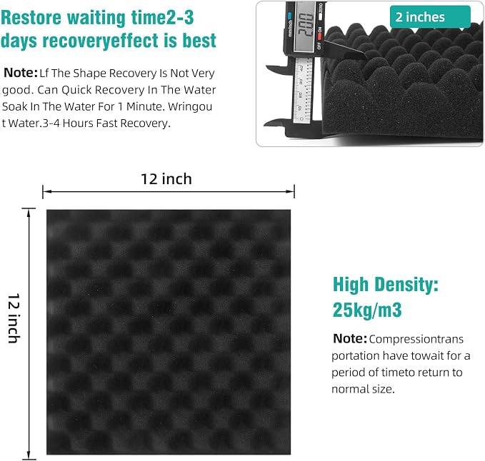 50 Pack Acoustic Foam Panels, 12"x12"x2" Egg Crate Sound Proof Foam | Sound Absorbing Panels for Studio, Home Theater, Office, Bedroom, Noise Cancelling Wall Panels, Black