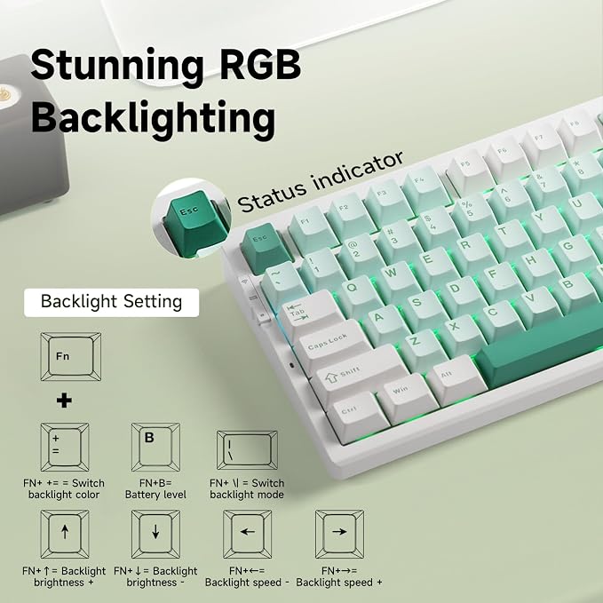 MCHOSE G75 PRO 75% Wireless Mechanical Keyboard, TKL Keyboards Tri-Mode BT5.0/2.4GHz/USB-C, Hot Swap Custom Creamy Keyboards Linear Switch, Double Shot PBT Keycaps RGB LED Backlit, White&Green
