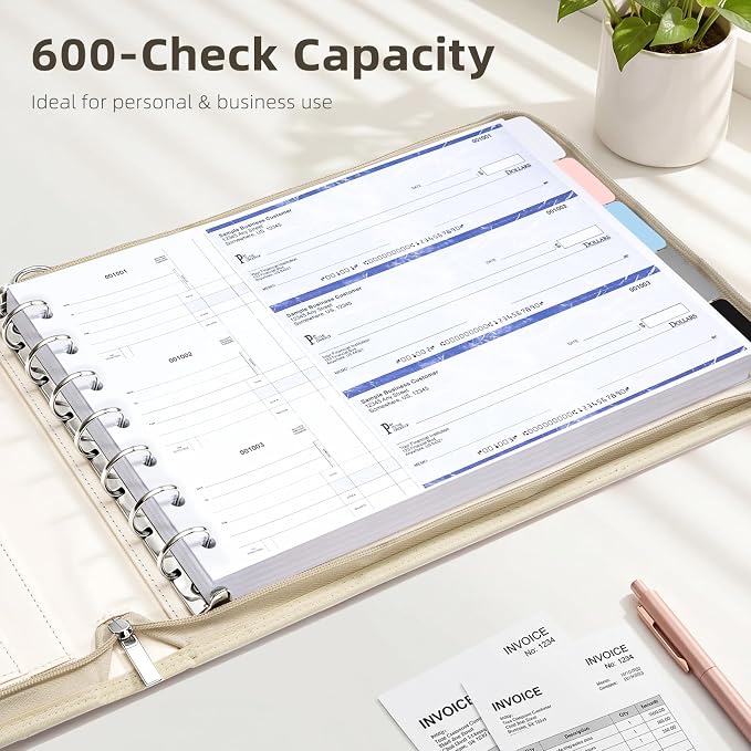 Ospelelf Beige Zippered 7 Ring Check Binder for Business Checks (9" x 13"), 1 Inch Faux Leather Checkbook Portfolio with Zipper Pouch, Professional Binder Organizer for Accountants, Home Use