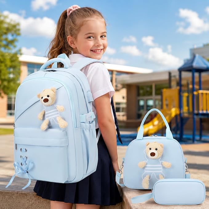 ACESAK School Backpack for Girls - 3 PCS Cute Girls Backpack with Lunch Box & Pencil Case - Kawaii Casual Kids Bookbag School Bag Daypacks Set for Elementary Middle High School Student Teens (Blue)