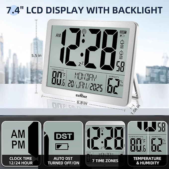 Digital Wall Clock Battery Operated with Backlight, Atomic Alarm Clocks with Indoor Temperature & Humidity for Bedrooms, Office, 8.5" Small Desk Clock with Large Display for Seniors, Auto DST, Sliver