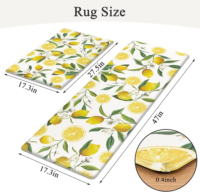 SHACOS Anti Fatigue Lemon Kitchen Rugs Mats Set of 2 Pieces Non Slip Soft Cushioned Wipeable Kitchen Mats for Floor Standing Mats, 17"x27.5"+17"x47", White