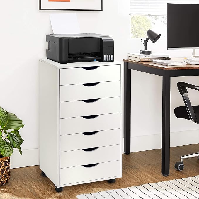 TUSY 7 Drawer Storage Organizer on Wheels, Mobile File Cabinet with Locking Casters, Tall Chest of Drawers for Home Office, White Rolling Storage Drawers for Office Supplies
