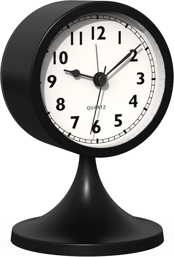 AYRELY® 3" Analog Alarm Clock, Retro Small Clock, Desk Clock for Bathroom | Cute Battery Operated Table Clock with Silent Movement and Light for Bedroom, Bedside, Living Room Decor and Shelf (Black)