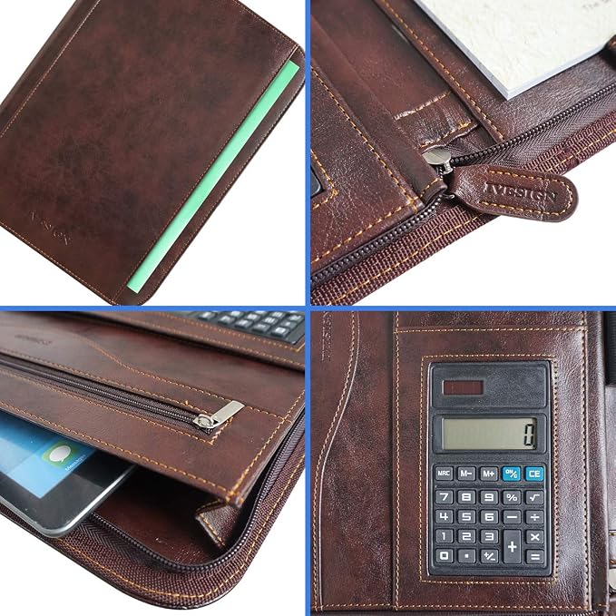 Faux Leather Portfolio Padfolio Organizer with Calculator, Writing Pad, Zipper Closure, Tablet Sleeve, Clipboard with Storage, Document Organizer, Business Card Holder, Note Pads- Dark Brown