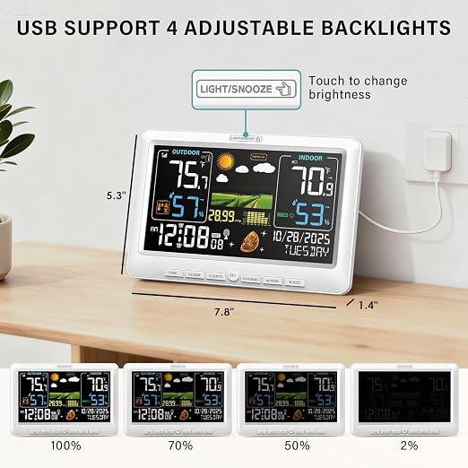 BluSon Weather Station Wireless Indoor Outdoor Thermometer, Atomic Clock | Color Display Digital Temperature Humidity Monitor with Weather Forecast, Adjustable Backlight, Barometer for Home, White