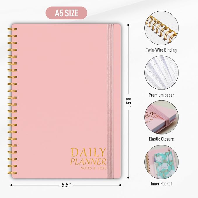 Daily Planner with Hourly Schedules - Undated To Do List Notebook, Spiral Bound, 5.5" x 8.5", Manage Your Tasks and Appointments, The Perfect Office Supplies for Women - Pink