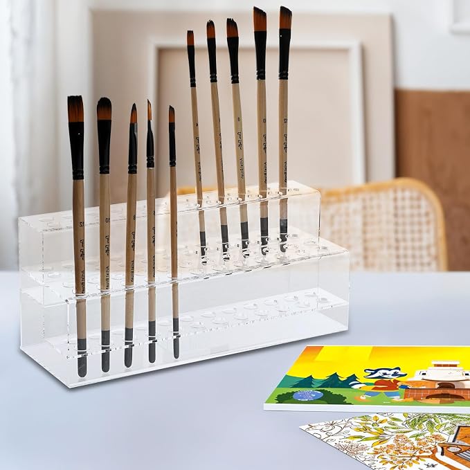 Acrylic Pen Holder, 48-Slots Pen Display Stand 2 Tier Pencil Display Desk Stand Clear Eyebrow Pen Stand Makeup Brush Rack Organizer for Home Office Desk School Supplies