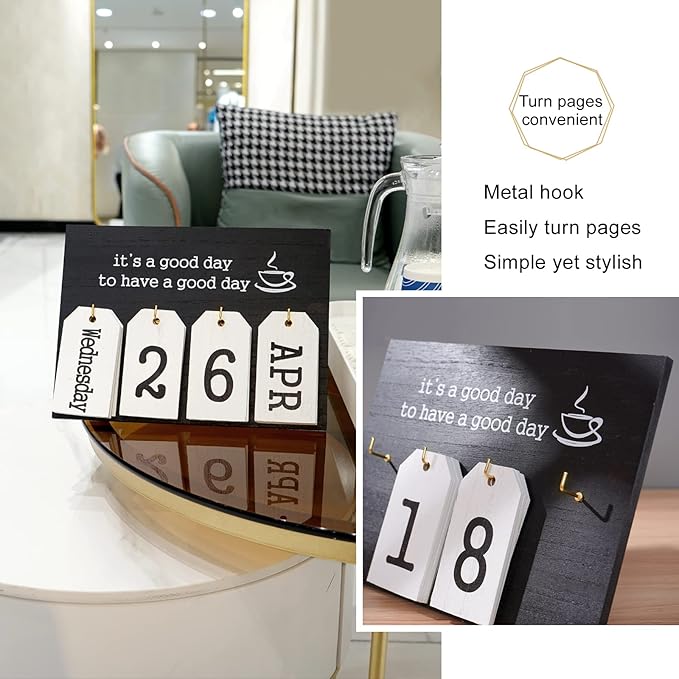 Notakia Perpetual Flip Calendar Wooden Desk Calendar - Vintage Date Blocks for Desk, with Month & Day Display, Wooden Block Calendar for Home Office Accessories (Flip Black)