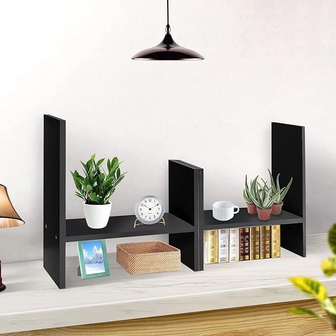 J.M.Deco Desktop Organizers and Storage for Office, Adjustable Desktop Organizer Shelf Double H Display, True Natural Stand Shelves, Black