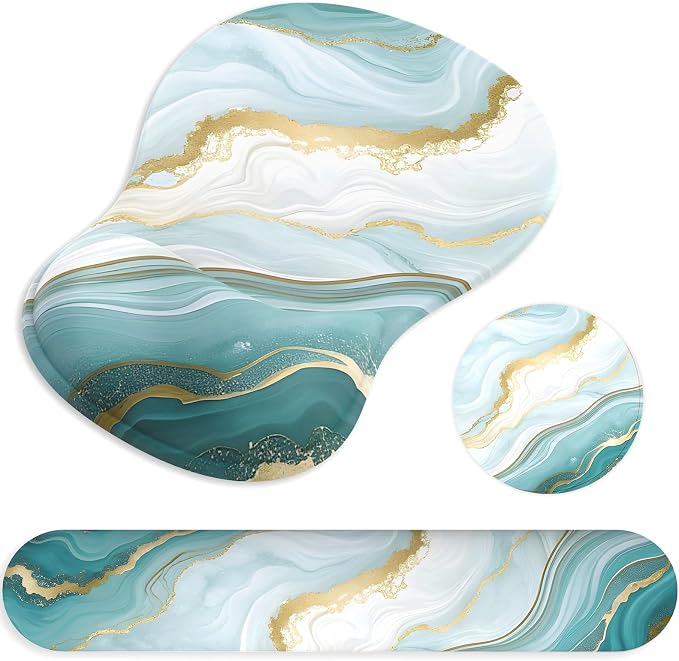 Ergonomic Mouse Pad with Wrist Rest and Keyboard Wrist Rest, Gel Mousepad and Wrist Rest for Computer Keyboard, Pain Relief, Non-Slip PU Base, Mouse Pad Wrist Support for Gaming, Blue Green Marble