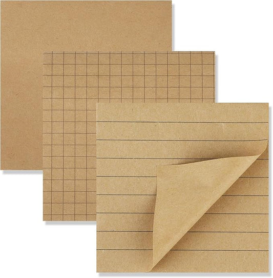 3 Pack Aesthetic Sticky Notes 3 x 3 Inches with Lines Grids, 80 Sheets/Pad, Brown