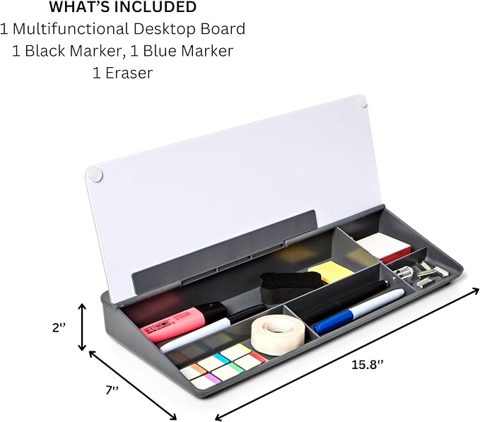 GAROOD Desktop Dry Erase Board with Storage (Grey Base) Desk Desk Board Glass Desktop White Board with Stand Home Office Organizer Phone Holder 15.8X7X2 inches