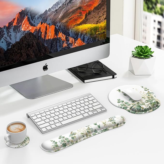iLeadon Mouse Pad with Wrist Rest Set, Ergonomic Mousepad with Wrist Support, Easy Typing & Pain Relief, Keyboard Wrist Rest and Mouse Pad Set with Non-Slip Base for Computer Home, Eucalyptus, 3 PCS