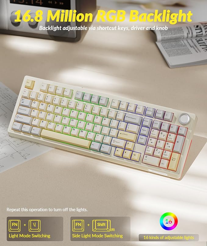 SOLAKAKA KI99 Pro 96% Wireless Gaming Keyboard, RGB Creamy Keyboardw with Knob, Hot-Swappable Pre-Lubed Switches, Gasket Structure Mechanical Keyboards (Beige-White, Non-Silent Version)