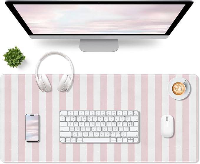 Pink Striped Desk Mat Cute Large Mouse Pad Kawaii Extended PU Leather Mat for Home Office Desk Decor for Women Cozy Gaming Keyboard Pad 35.4 X 15.7inch