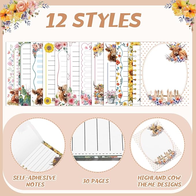 12 Pieces Highland Cow Sticky Notes 3x4 Inch Animal to Do List Just Loves Butterfly Sunflower Memo Notes Highland Cow Gifts Home Kawaii Cute Office Supplies