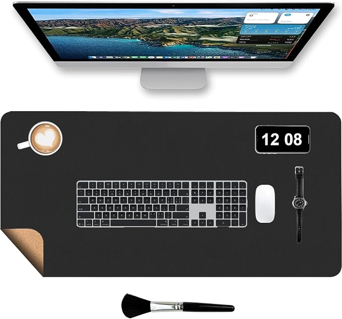 Dual-Sided Desk Pad with Mini Keyboard Brush, 31.5'' x 15.7'' Natural Cork & PU Leather Desk Protector Mat, Waterproof Non-Slip, Computer Desk Mat, Desk Matt for Desktop for Office and Home Work