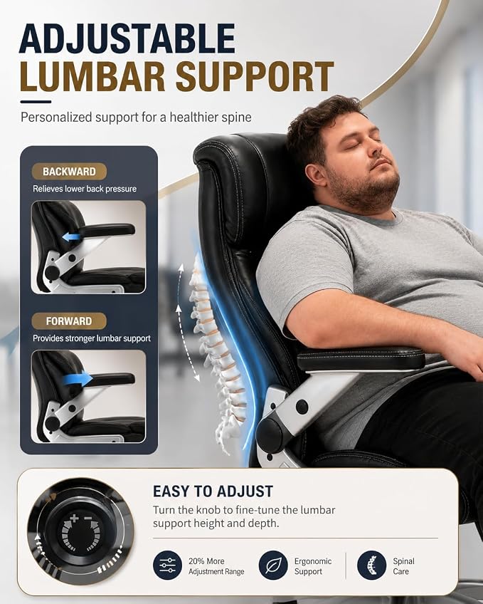 800lbs Big and Tall Office Chairs with 5D Flip Arms | Heavy Duty Desk Chair with Adjustable Lumbar Support, Office Chairs with Quiet Rubber Wheel and Extra Wide Seat