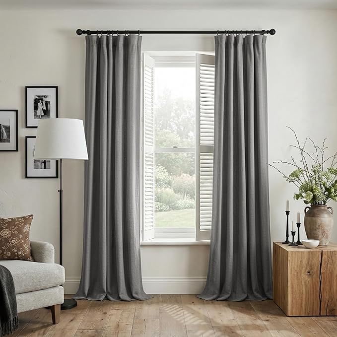 INOVADAY 100% Blackout Curtains for Bedroom, Dark Grey Black Out Curtains 90 Inch Long, Clip Rings Linen Blackout Drapes, Thermal Insulated Room Darkening for Living Room, 2 Panels - W50xL90